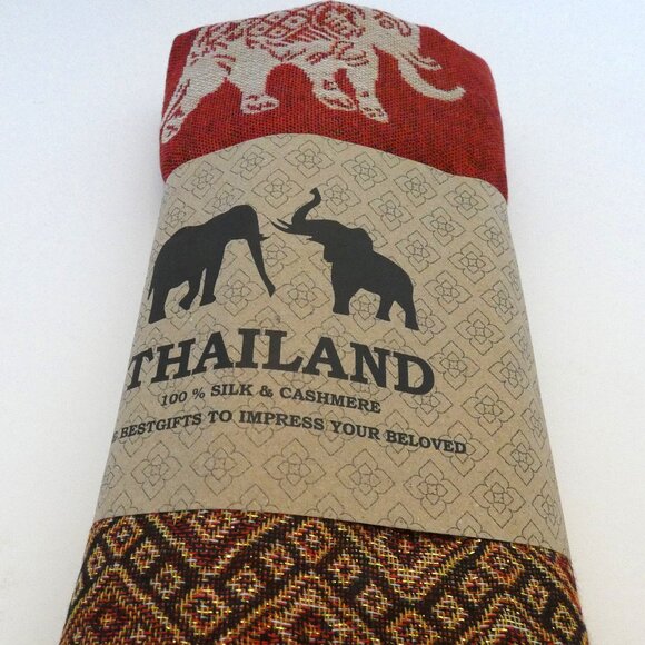 Silk Cashmere Scarf Red Brown Thailand Gold Embossed Elephants Lucky Pashmina NW - Picture 2 of 7